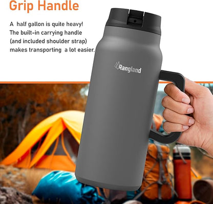 64 oz Tumbler with Handle and Straw Lid - Insulated Metal Water Bottle with Carrier Bag Holder and Shoulder Strap (Wide Mouth/Half Gallon)