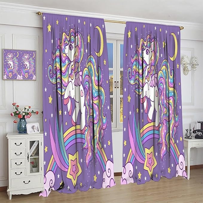 Unicorn Curtains Fantasy Star Moon Cartoon Theme Curtains Cute White Unicorn Rainbow Design Printed Curtains Boys Girls Room Curtains 63x72 Inch 2 Panels