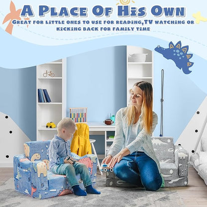 2-in-1 Toddler Chairs Comfy, Toddler Couches That Fold Out,Glow in The Dark, Extra Wide Kids Chairs for Toddler, Baby Couch for 1-3 Year Old, Gifts for Girls & Boys, Gray