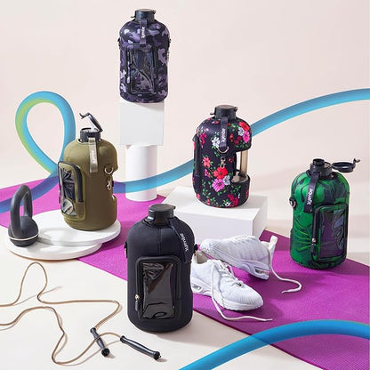 AQUAFIT 1 Gallon Jug Sleeve, Neoprene Water Bottle Bag with Adjustable Shoulder Strap and Pocket, 128 oz Water Bottle Sling Bag, Water Bottle Carrier Bag (Sleeve Only - No Bottle, Black)