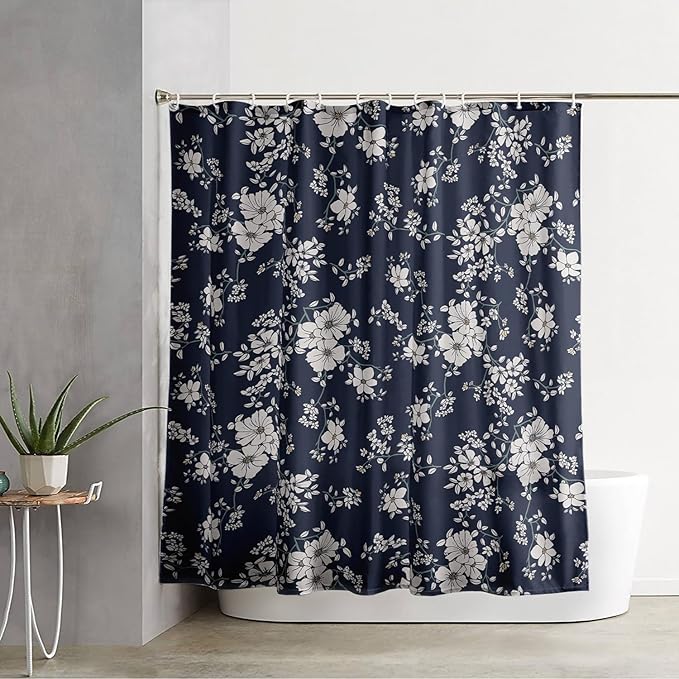 AILONEN Luxuriant Flowers Shower Curtain,White Flower on Black Background Waterproof Shower Curtain Set for Girls Boys Teens, 48" W*72" H Patchwork Flower Shower Curtain