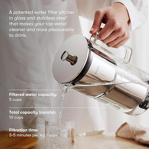 aarke Purifier Glass Water Pitcher, Refillable Stainless Steel Filter, 8-Weeks Performance, BPA-Free, Dishwasher Safe, Pure & Enriched Refill Granules, 1.18L (5 Cups) Capacity
