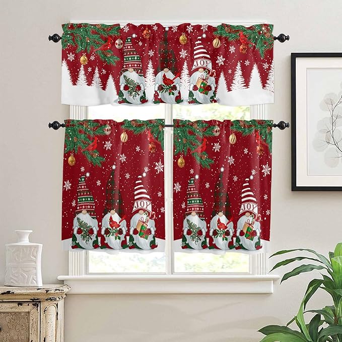 Christmas Gnomes Kitchen Curtains and Valances Set, Red Winter Holidays Window Treatments Tiers White Snowflakes Xmas Trees Half/Short Curtains for Small Windows Cafe /Living Room/ Bedroom 54x 36 in