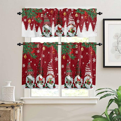Christmas Gnomes Kitchen Curtains and Valances Set, Red Winter Holidays Window Treatments Tiers White Snowflakes Xmas Trees Half/Short Curtains for Small Windows Cafe /Living Room/ Bedroom 54x24 in