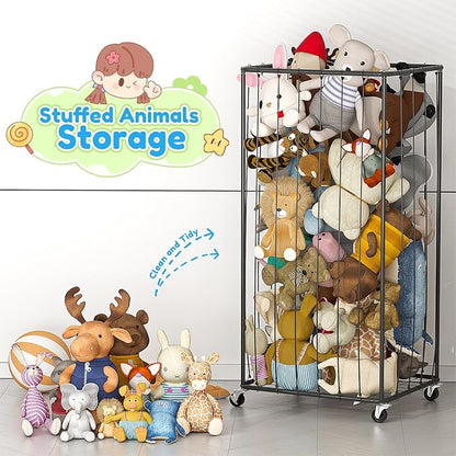 210L Stuffed Animal Organizer Plush Toy Storage Organizer Toy Storage Basket, Kids Toy Storage Bins with Wheels, Metal Frame and Elastic Cord Design, Suitable for Storage of Any Stuff