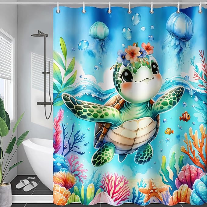 AILONEN Sea Turtle Shower Curtain for Bathroom,Cute Ocean Turtle Shower Curtain with 12 Plastic Hooks,Colorful Coral Jellyfish Print Bath Curtain Polyester Waterproof 72" W*96" H
