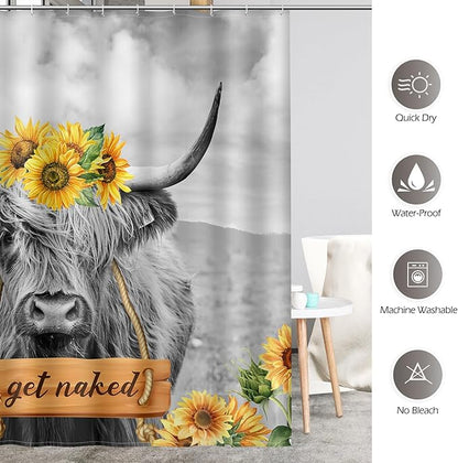 Aimego Long Farmhouse Shower Curtain - Rustic Western Highland Cow Sunflower Country Get Naked Funny Fabric Cloth Bath Shower Curtain Set with 12 Hooks Bathroom Decor Bathtub Curtain, 72"x78"