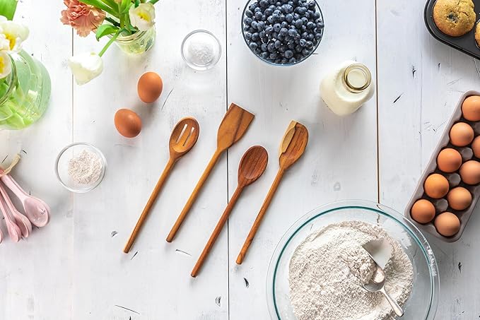 Lipper International Teak Wood Kitchen Tools for Cooking, 4-Piece Set, 11" Long