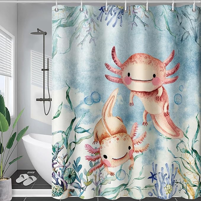 AILONEN Cute Axolotl Shower Curtains,Seaweed Salamander Bath Curtain for Kids Bathroom Decor,Polyester Waterproof with 12 Plastic Hooks 72" W*72" H