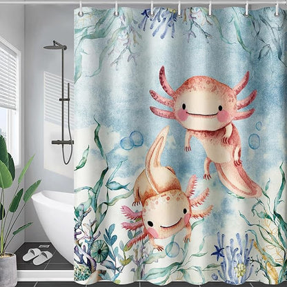 AILONEN Cute Axolotl Shower Curtains,Seaweed Salamander Bath Curtain for Kids Bathroom Decor,Polyester Waterproof with 12 Plastic Hooks 48" W*72" H