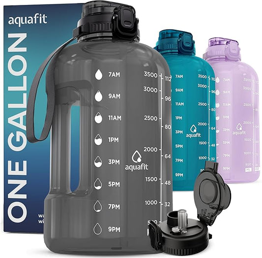 AQUAFIT 1 Gallon Water Bottle with Time Marker - BPA Free 128 oz Water Bottle with Straw, Gym Water Bottle with Handle, 1 Gallon Water Jug, Big Water Bottle, Large Water Bottle (Gray)