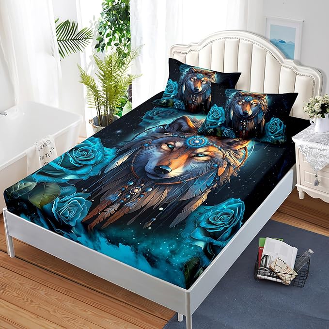 AILONEN Wolf Fitted Sheet Set Twin Size Dream Catcher Bed Sheet Set, Blue Rose Smoke Wolf Sheet Set for Boys Girls,Animal Wolf Fitted Sheet with 2 Pillowcases,3 Pieces