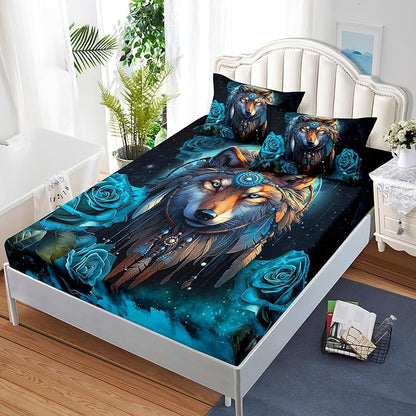 AILONEN Wolf Fitted Sheet Set Twin Size Dream Catcher Bed Sheet Set, Blue Rose Smoke Wolf Sheet Set for Boys Girls,Animal Wolf Fitted Sheet with 2 Pillowcases,3 Pieces