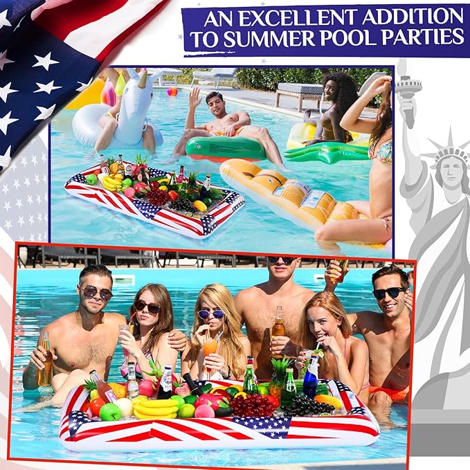 3 Pcs Patriotic Inflatable Serving Bars Summer Ice Buffet Salad Serving Trays Ice Holder for Party 4th of July Party Supplies, Independence Day Fourth of July Party BBQ Cooler Indoor Outdoor