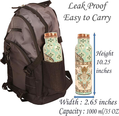 Pure Copper Water Bottle Handcrafted - Ayurveda health benefits - Large 35 oz - Leak proof, Easy to carry for Sports, Fitness, Yoga, School- Exemplary Royal Floral Patterns Sky Blue Enamel