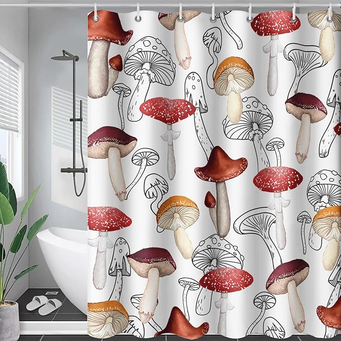 AILONEN Cartoon Mushroom Shower Curtain,Modern Shabby Chic Plants Fungus Themed Waterproof Bath Curtain,Minimalist Curtain for Bathroom Decor, 48" W x 72" H