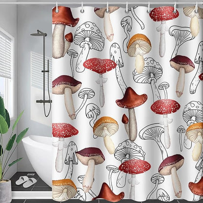 AILONEN Cartoon Mushroom Shower Curtain,Modern Shabby Chic Plants Fungus Themed Waterproof Bath Curtain,Minimalist Curtain for Bathroom Decor, 48" W x 72" H
