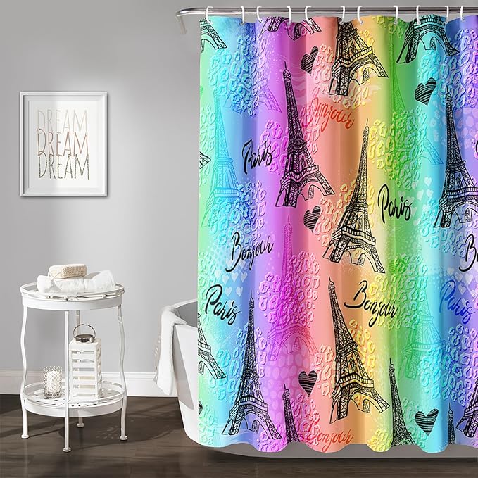 AILONEN Rainbow Shower Curtain for Bathroom, Rainbow Gradient Eiffel Tower Printed Bath Curtain,Women Girls Kids Minimalist Waterproof Fabric Shower Curtain Set with Hooks 36" W*72" H