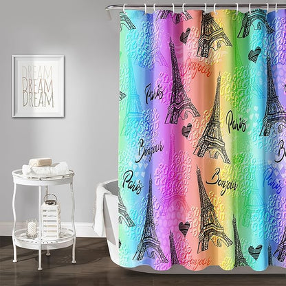 AILONEN Rainbow Shower Curtain for Bathroom, Rainbow Gradient Eiffel Tower Printed Bath Curtain,Women Girls Kids Minimalist Waterproof Fabric Shower Curtain Set with Hooks 72" W*78" H
