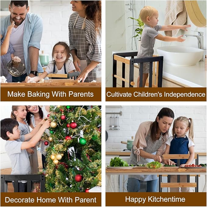 COSYLAND Kids Kitchen Step Stool, Toddler Standing Tower with CPC & FSC Certification, Removable Anti-Drop Railing Safety Rail Enjoys Unique Patented Design A Anti-tip Stable Structure Natural & Black