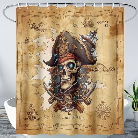 AILONEN Pirate Skull Shower Curtain for Bathroom,Vintage Ocean Nautical Bath Curtain Decoration,Pirate Captain Old Map Print Waterproof Shower Curtain with 12 Plastic Hooks, 36" W*72" H