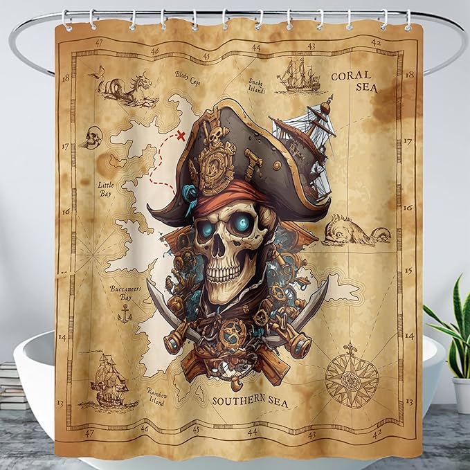 AILONEN Pirate Skull Shower Curtain for Bathroom,Vintage Ocean Nautical Bath Curtain Decoration,Pirate Captain Old Map Print Waterproof Shower Curtain with 12 Plastic Hooks, 48" W*72" H