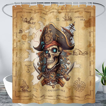 AILONEN Pirate Skull Shower Curtain for Bathroom,Vintage Ocean Nautical Bath Curtain Decoration,Pirate Captain Old Map Print Waterproof Shower Curtain with 12 Plastic Hooks, 72" W*84" H