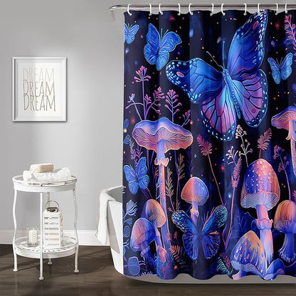 AILONEN Blue Butterfly Shower Curtain,Magic Mushroom Waterproof Fabric Bath Curtain for Kids Girl,Boho Style Shower Curtain Set for Bathroom,Natural Fungal Plant Shower Curtain with Hooks 36" W*72" H