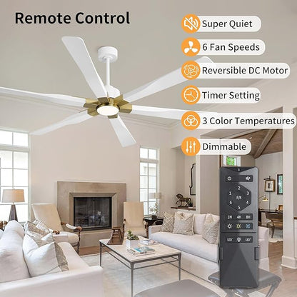 78 Inch Ceiling Fan with Lights and Remote Control, 6 Reversible ABS Blades, 6-Speed Noiseless DC Motor with 4.5" / 12" / 24" Downrods for Bedroom Dining Living Room, Gold and White
