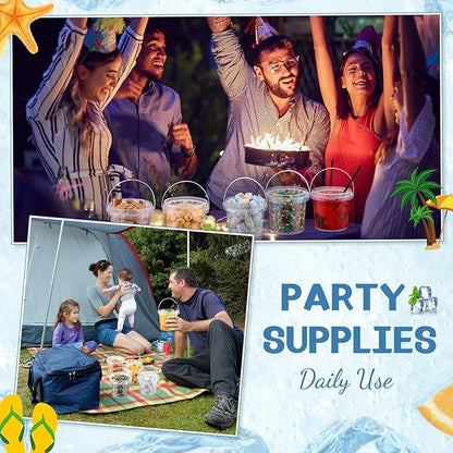 24 Pcs Ice Cream Bucket Clear Plastic Bucket with Lids and Straws Drinks Containers Plastic Food Storage Pail for Summer Cold Drink Beach Parties
