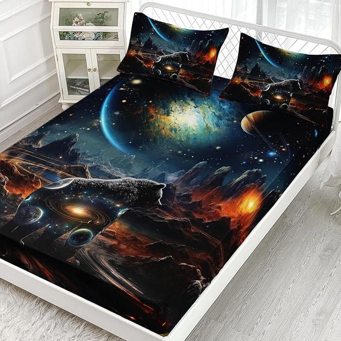 AILONEN Panther Fitted Sheet Set Twin XL Size, Galaxy Starry Planet Volcano Boys Black Bear Bed Sheet Set,3 Pieces Printed Fitted Sheet with 2 Pillowcases