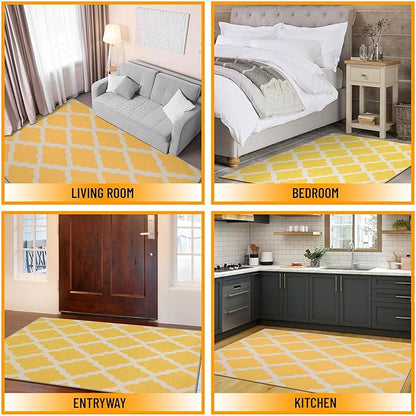Machine Washable Moroccan Trellis Design Non-Slip Rubberback 3x5 Traditional Indoor Area Rug for Living Room, Bedroom, Kitchen, 3'3" x 5', Yellow