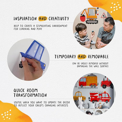 Large Car Wall Decals for Kids by Lipastick - 132 pcs Transports Wall Stickers Peel and Stick Truck Stickers - Wall Decals for Boys Kids Baby Room - Construction Cars City Wall Decor Removable L Size
