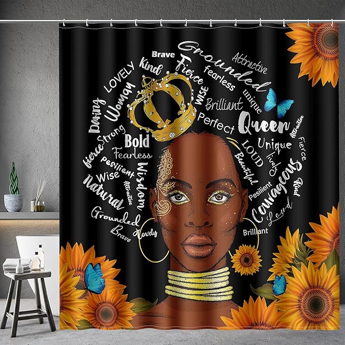Aimego African American Shower Curtains Black Girl Woman with Sunflower Butterflies Farmhouse Shower Curtain Set with 12 Hooks for Bathroom Decor Accessories Bathtub Curtain, 72"x72"