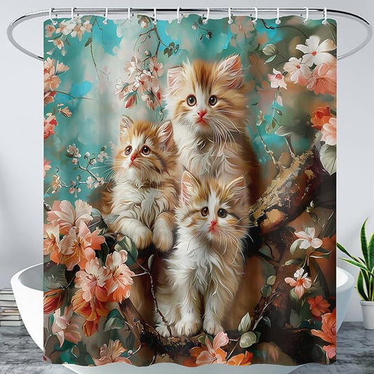 AILONEN 3D Kawaii Cat Shower Curtain Set,Cat Lovers Animal Waterproof Fabric Bath Curtain for Kids Girls Boys,Pink Cherry Blossom Shower Curtains for Bathroom Decor, 72" W*72" H