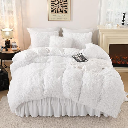 Litanika White Fluffy Comforter Queen, Luxury Plush Shaggy Fuzzy Bedding Set for Queen Bed, Ultra Soft Warm Velvet Comforter 3 Pieces(1 Faux Fur Comforter 90×90 Inch, 2 Pillowcases)