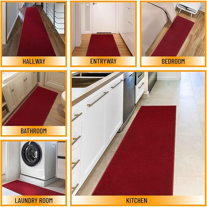 Machine Washable Modern Solid Design Non-Slip Rubberback 2x6 Traditional Runner Rug for Hallway, Kitchen, Bedroom, Living Room, 2'2" x 6', Red