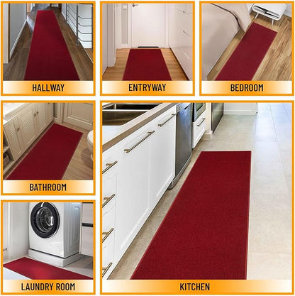 Machine Washable Modern Solid Design Non-Slip Rubberback 2x6 Traditional Runner Rug for Hallway, Kitchen, Bedroom, Living Room, 2'2" x 6', Red