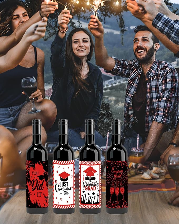 24Pcs Graduation Gift Wine Labels Congrats Grad Wine Bottle Stickers Graduation Party Waterproof Wine Bottle Decoration Cover for College Congrats Graduation Party Decorations, 4 Design