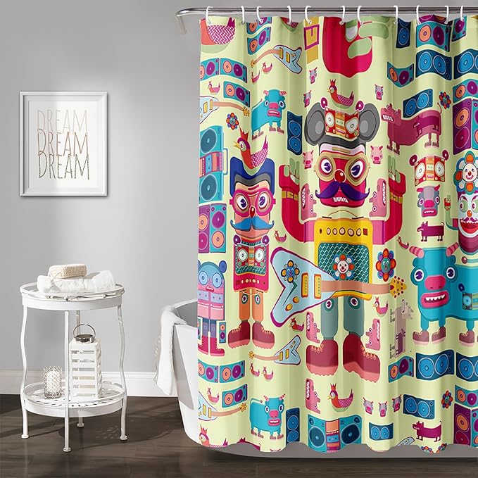 AILONEN Cartoon Robot Shower Curtain Sets,Beautiful Music Guitar Robots Theme Bathroom Decors, 72" W*72" H Cute Shower Curtain for Boys Girls Teens Kids
