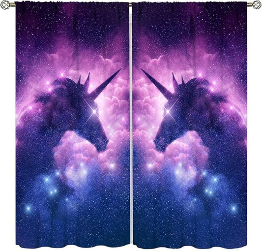 Unicorn Curtains Children's Cartoon Starry Sky Theme Unicorn Pattern Curtains Star Galaxy Boys Girls Room Blackout Curtains 52x84 Inch 2 Panels