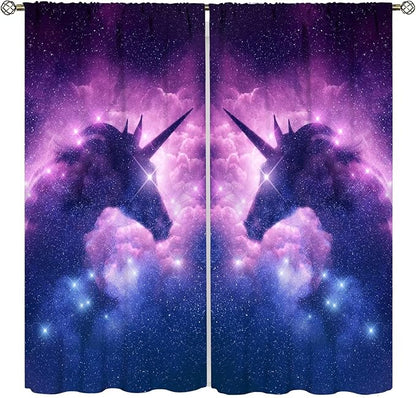 Unicorn Curtains Children's Cartoon Starry Sky Theme Unicorn Pattern Curtains Star Galaxy Boys Girls Room Blackout Curtains 42x45 Inch 2 Panels