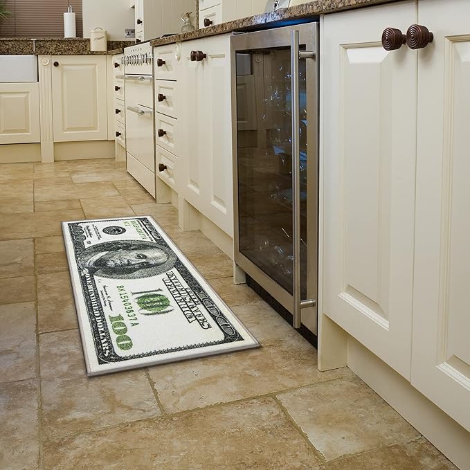 Machine Washable $100 Bill Design Non-Slip Rubberback 17x43 Modern Runner Rug for Hallway, Kitchen, Bedroom, 17" x 43", Green/Multicolor