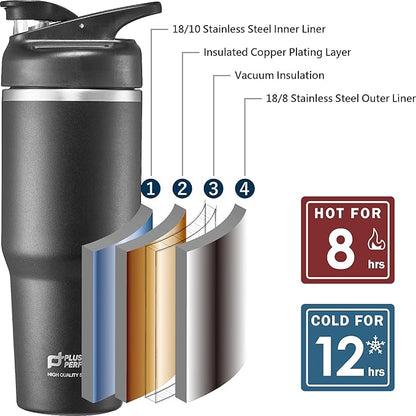34 OZ 316 Stainless Steel Vacuum Insulated Travel Mug With Leak Proof Flip For Both Straw & Spout, Double Walled Seamless to Keep Hot And Cold, Black