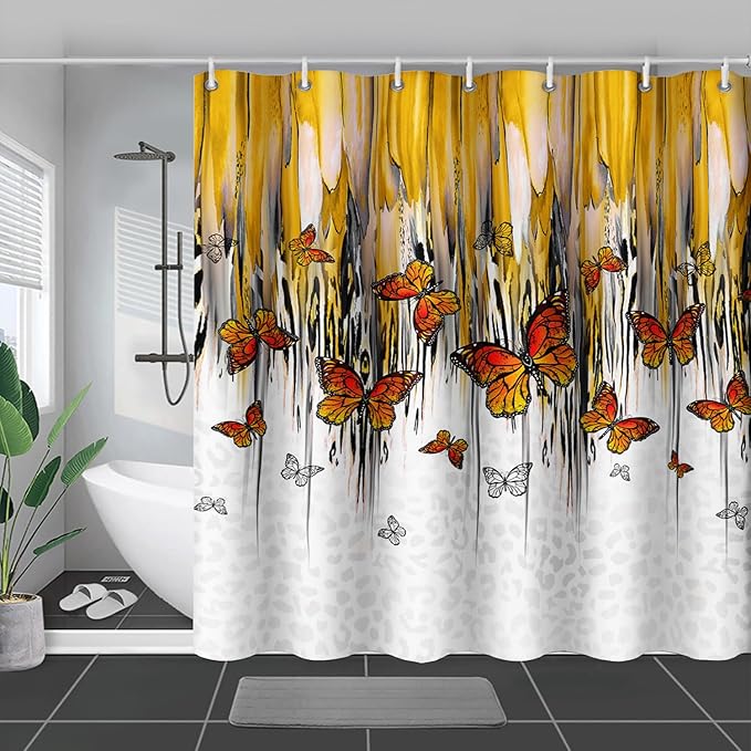 AILONEN Butterfly Shower Curtain for Bathroom Yellow Ink Fluid Painting Grey Leopard Bath Curtain 72" W*96" H Polyester Fabric Waterproof Bathroom Curtain with 12 Hooks