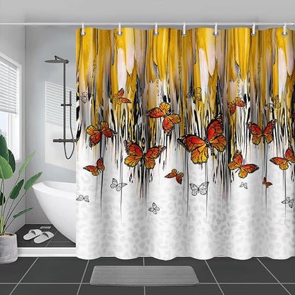 AILONEN Butterfly Shower Curtain for Bathroom Yellow Ink Fluid Painting Grey Leopard Bath Curtain 36" W*72" H Polyester Fabric Waterproof Bathroom Curtain with 12 Hooks