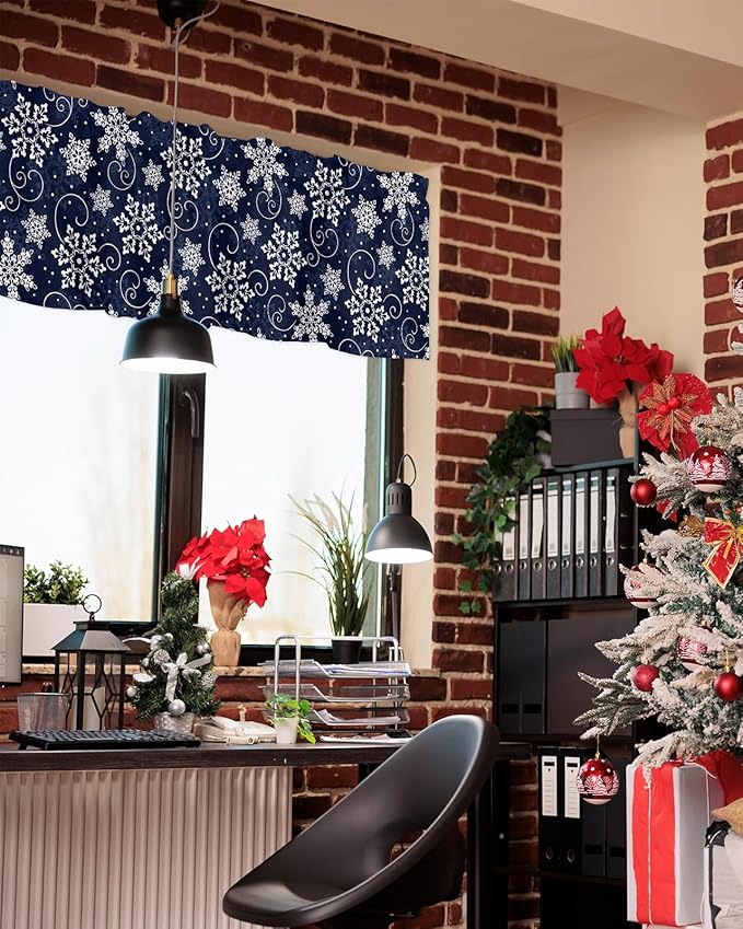 Christmas Valance Curtains for Kitchen Windows White Navy Snowflakes Pattern Rod Pocket Window Treatment Toppers for Kitchen/Living Room/Bedroom/Bathroom, 54" X 18", Winter