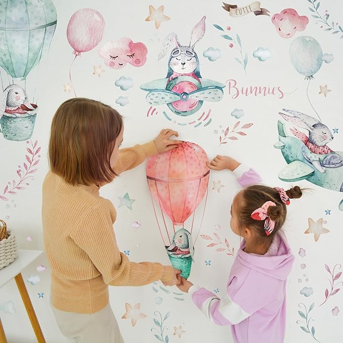 Bunny Wall Decals for Kids by Lipastick - 156 pcs Rabbits Wall Stickers Peel and Stick - Hot Air Balloon Wall Decals for Girls Boys Kids Baby Nursery Room Bedroom - Bunnies Wall Décor XXL Size