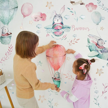Bunny Wall Decals for Kids by Lipastick - 156 pcs Rabbits Wall Stickers Peel and Stick - Hot Air Balloon Wall Decals for Girls Boys Kids Baby Nursery Room Bedroom - Bunnies Wall Décor XXL Size