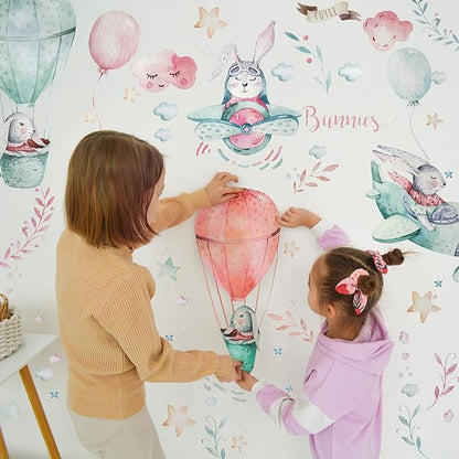 Bunny Wall Decals for Kids by Lipastick - 143 pcs Rabbits Wall Stickers Peel and Stick - Hot Air Balloon Wall Decals for Girls Boys Kids Baby Nursery Room Bedroom - Bunies Wall Decor Aircraft L Size